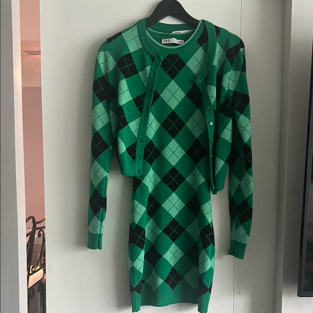 Zara Green and Black Argyle Knit Dress Set